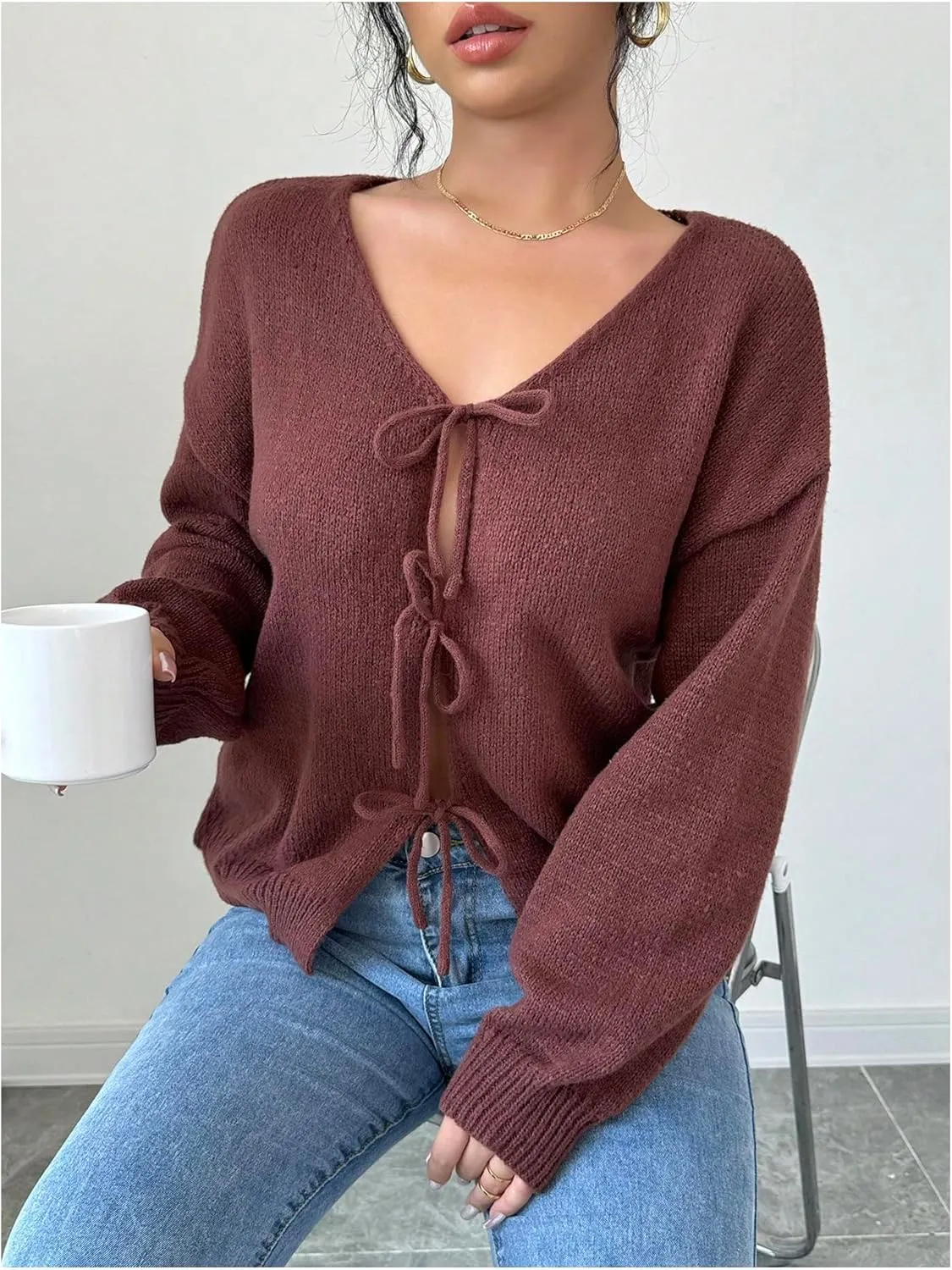 GORGLITTER Women's Y2K Tie Front Sweater Long Sleeve Open Front Cardigan Sweaters