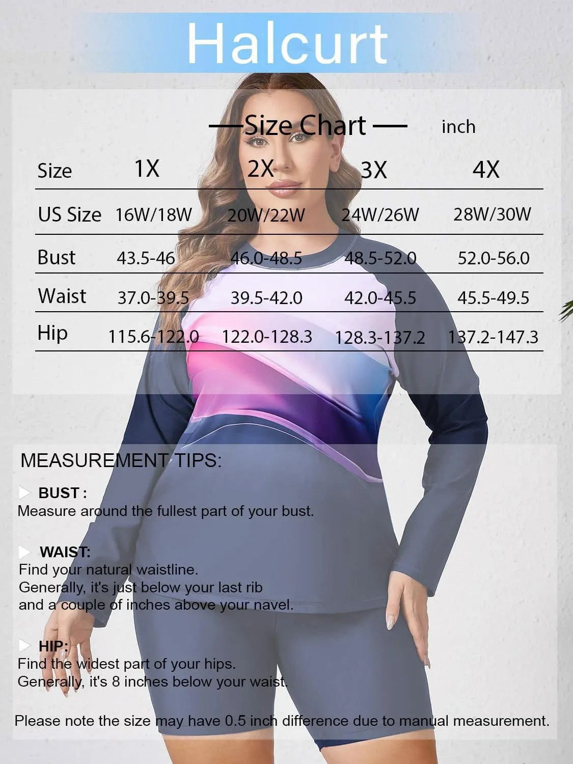 Halcurt Women's Built in Bra Long Sleeve Rash Guard Plus Size 2 Piece Swimsuit Shirt and Shorts