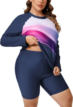 Halcurt Women's Built in Bra Long Sleeve Rash Guard Plus Size 2 Piece Swimsuit Shirt and Shorts