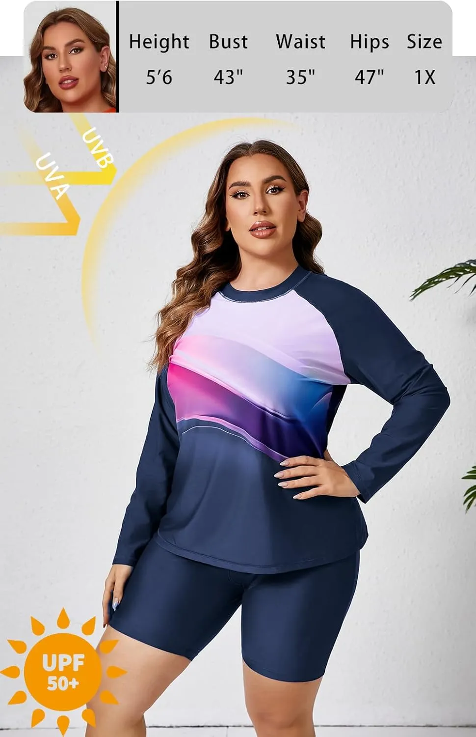 Halcurt Women's Built in Bra Long Sleeve Rash Guard Plus Size 2 Piece Swimsuit Shirt and Shorts