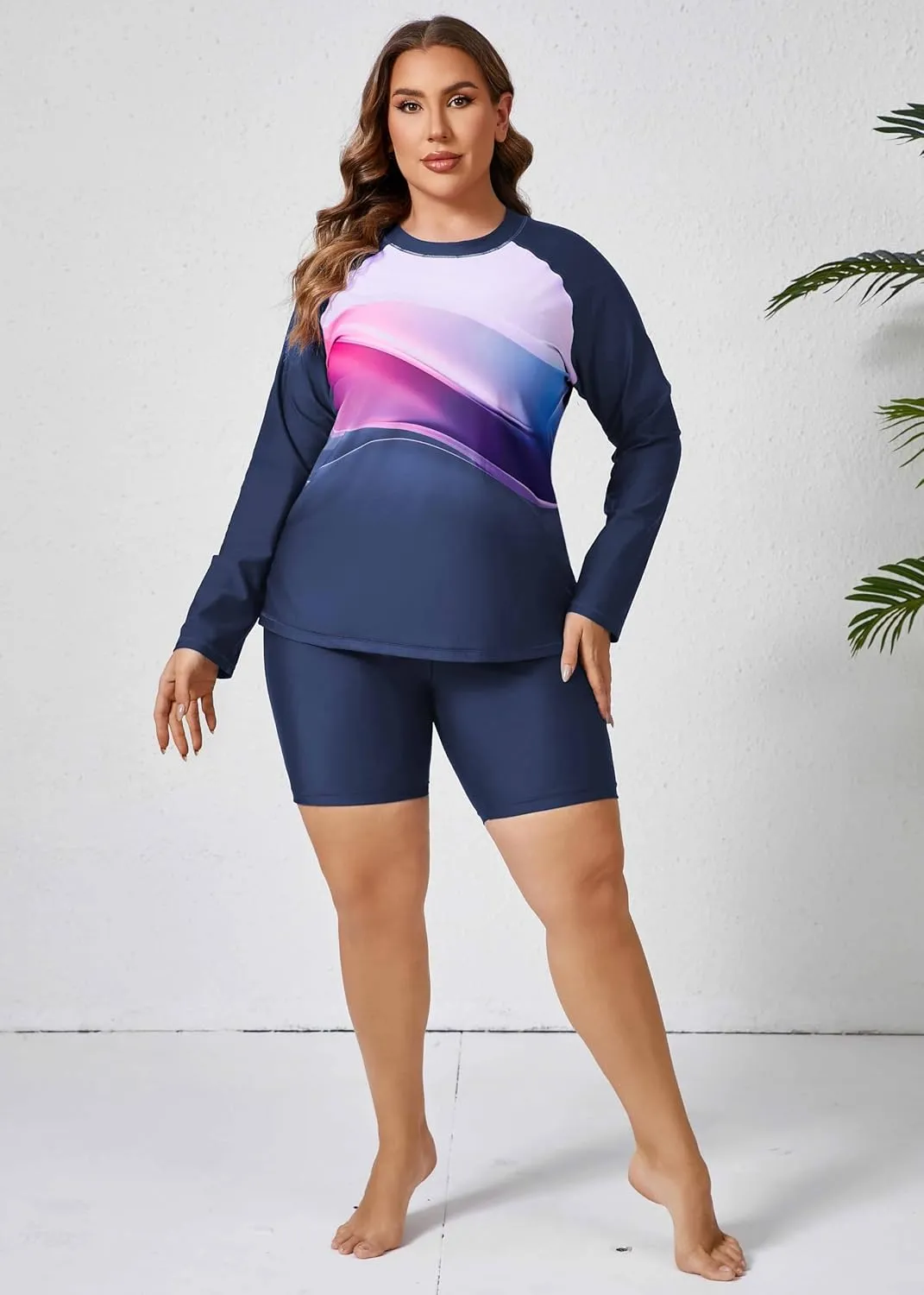 Halcurt Women's Built in Bra Long Sleeve Rash Guard Plus Size 2 Piece Swimsuit Shirt and Shorts