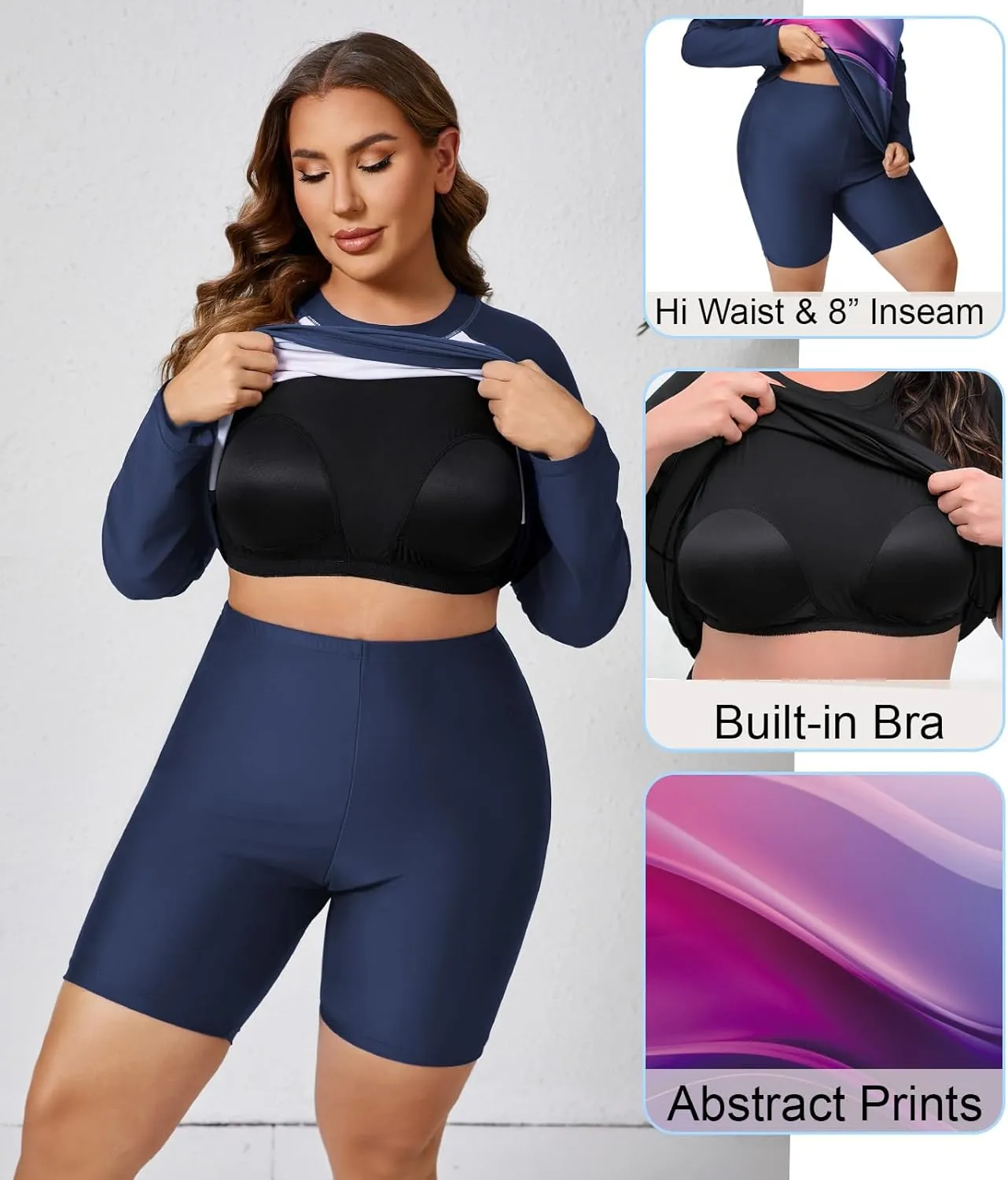 Halcurt Women's Built in Bra Long Sleeve Rash Guard Plus Size 2 Piece Swimsuit Shirt and Shorts