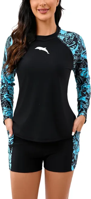 Halcurt Women's Built in Bra Rash Guard Long Sleeve Swimwear UPF 50 Two Piece Swim Shorts and Tops