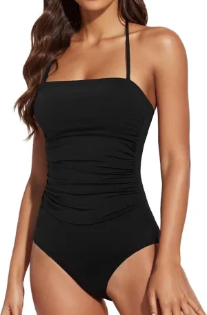 Halter Neck Swimwear for Women Slimming Backless Ruched Push Up Swimsuit Tummy Control High Cut Modest Bathing Suits
