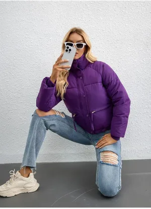 heyheyshine Women's Puffer Jacket Quilted Puffer Button Zip Puffer Jacket Cropped Winter Down Coat with Pocket