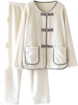 HGps8w Fuzzy Fleece Pajamas for Women Long Sleeve Sleepwear Soft Flannel Top with Long Pants Winter Warm Pjs Lounge Sets