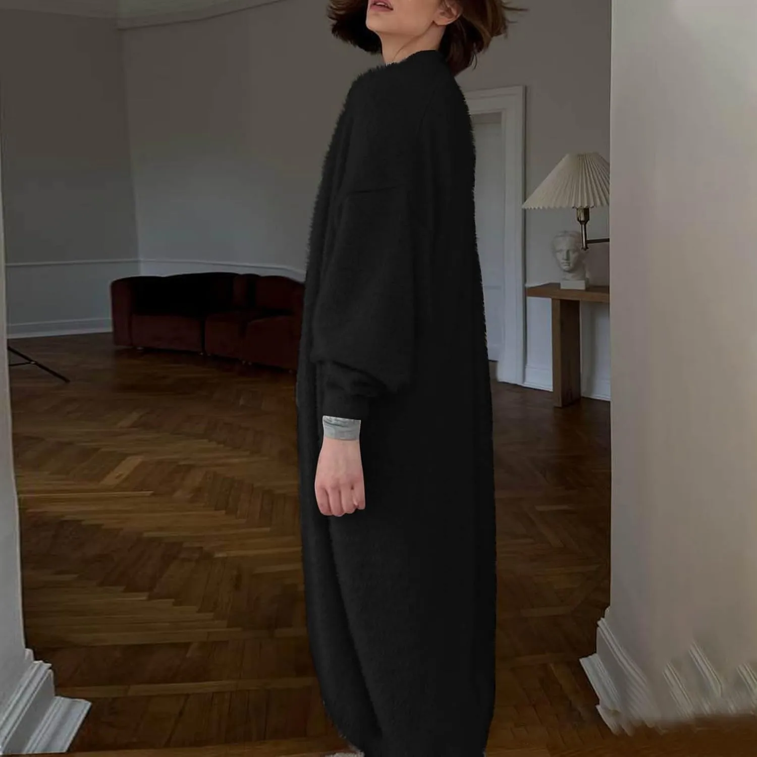 HGps8w Women's Fuzzy Soft Long Sweater Cardigans Casual Long Sleeve Open Front Knitted Outerwear Jackets
