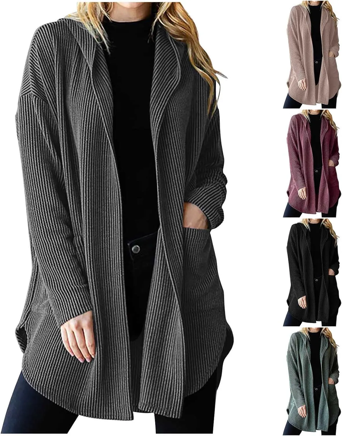 HGps8w Women's Ribbed Knit Hooded Cardigans Open Front Button Up Long Sleeve Fall Winter Sweater Coat Outerwear with Pockets