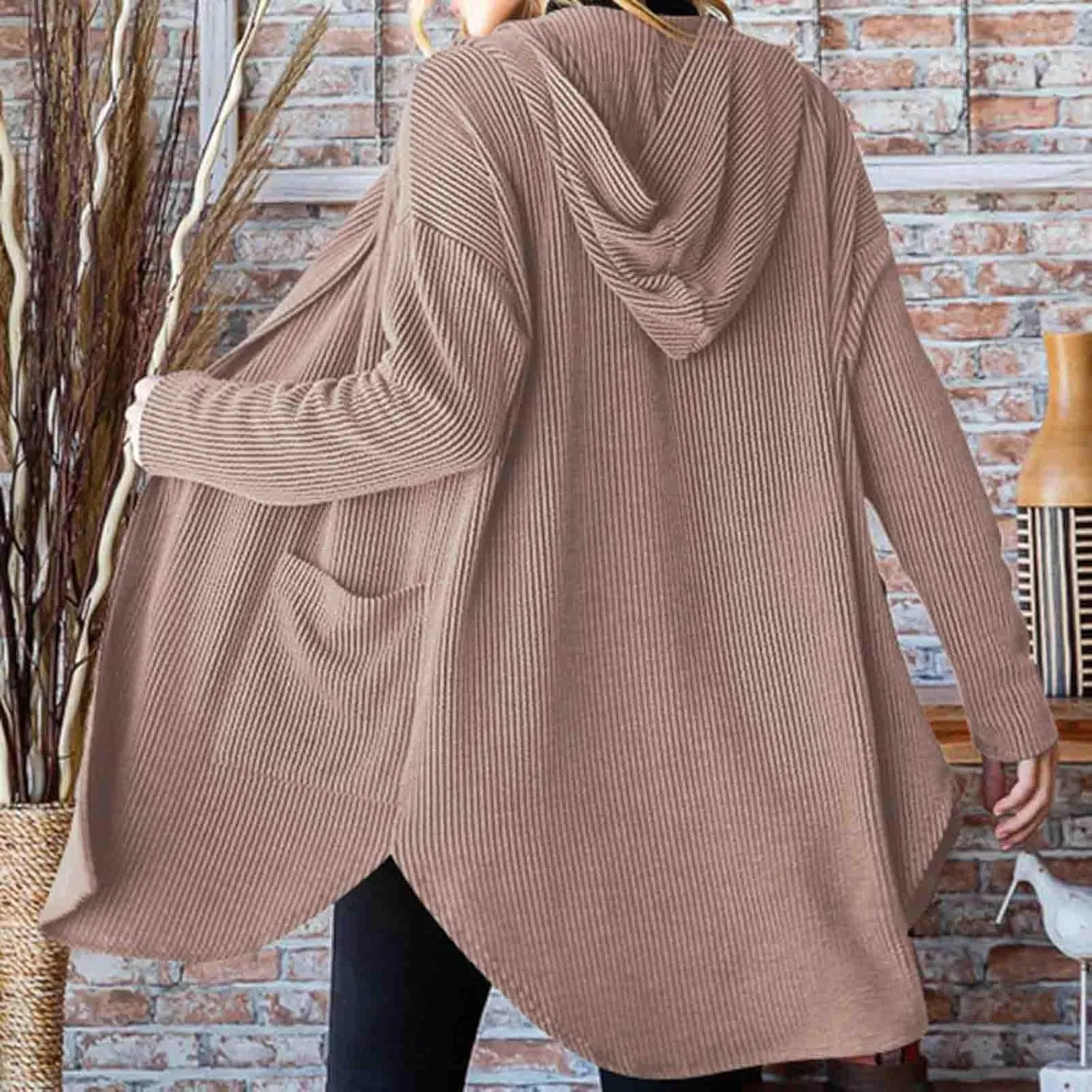 HGps8w Women's Ribbed Knit Hooded Cardigans Open Front Button Up Long Sleeve Fall Winter Sweater Coat Outerwear with Pockets
