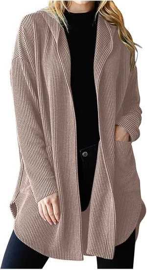 HGps8w Women's Ribbed Knit Hooded Cardigans Open Front Button Up Long Sleeve Fall Winter Sweater Coat Outerwear with Pockets