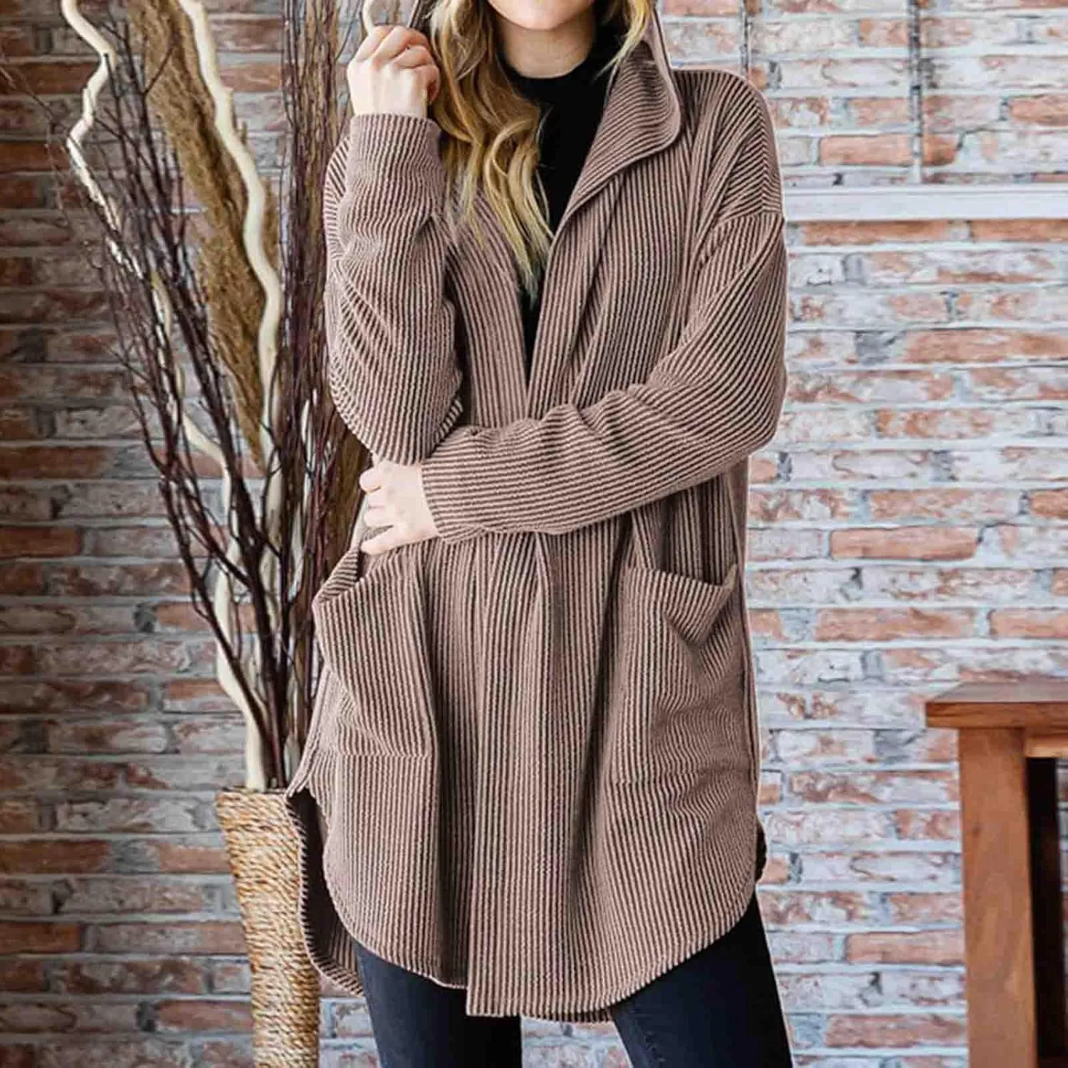 HGps8w Women's Ribbed Knit Hooded Cardigans Open Front Button Up Long Sleeve Fall Winter Sweater Coat Outerwear with Pockets