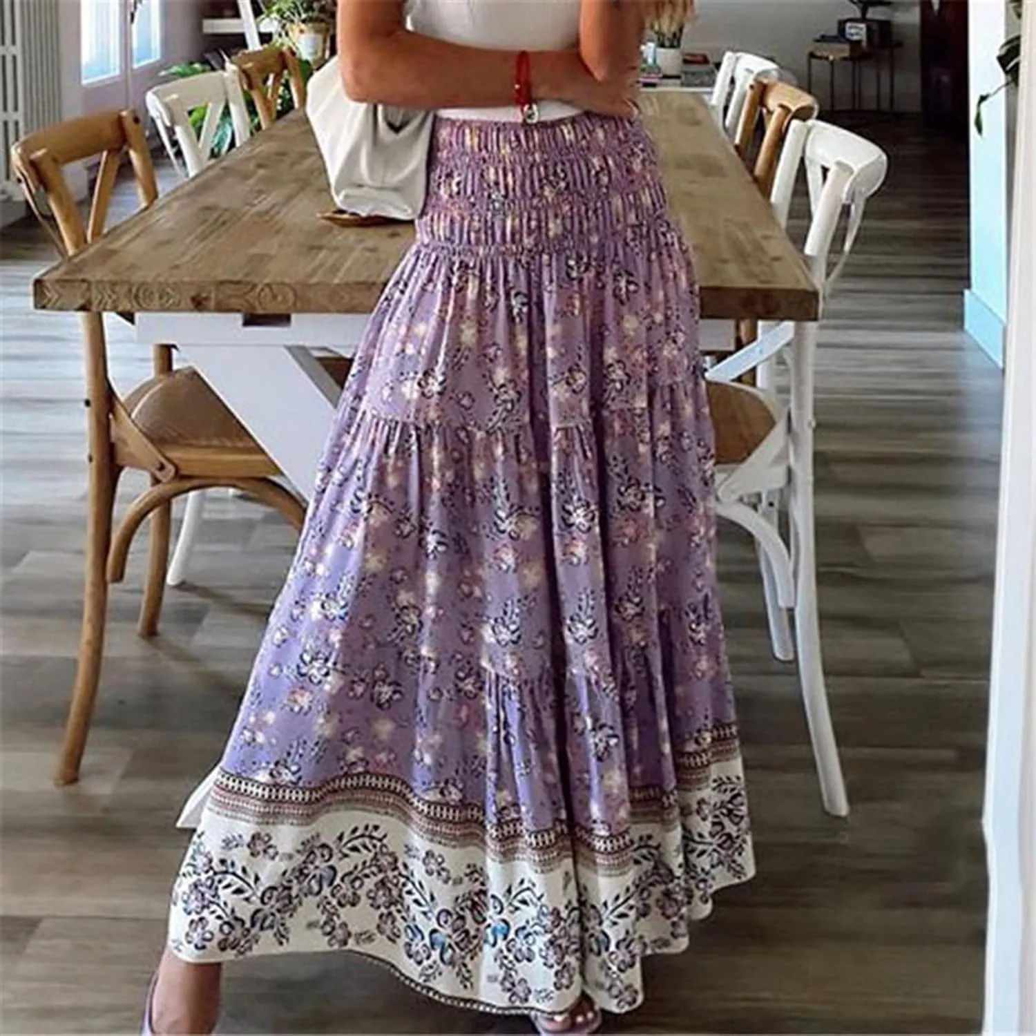 High Waist Boho Skirts Women Floral Printed Maxi Skirts Summer Flowy Skirts A Line Vacation Skirts Long Beach Skirt