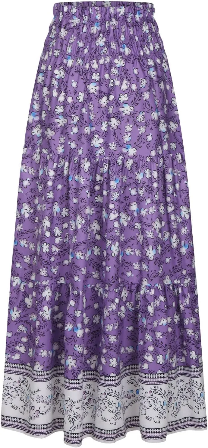 High Waist Boho Skirts Women Floral Printed Maxi Skirts Summer Flowy Skirts A Line Vacation Skirts Long Beach Skirt
