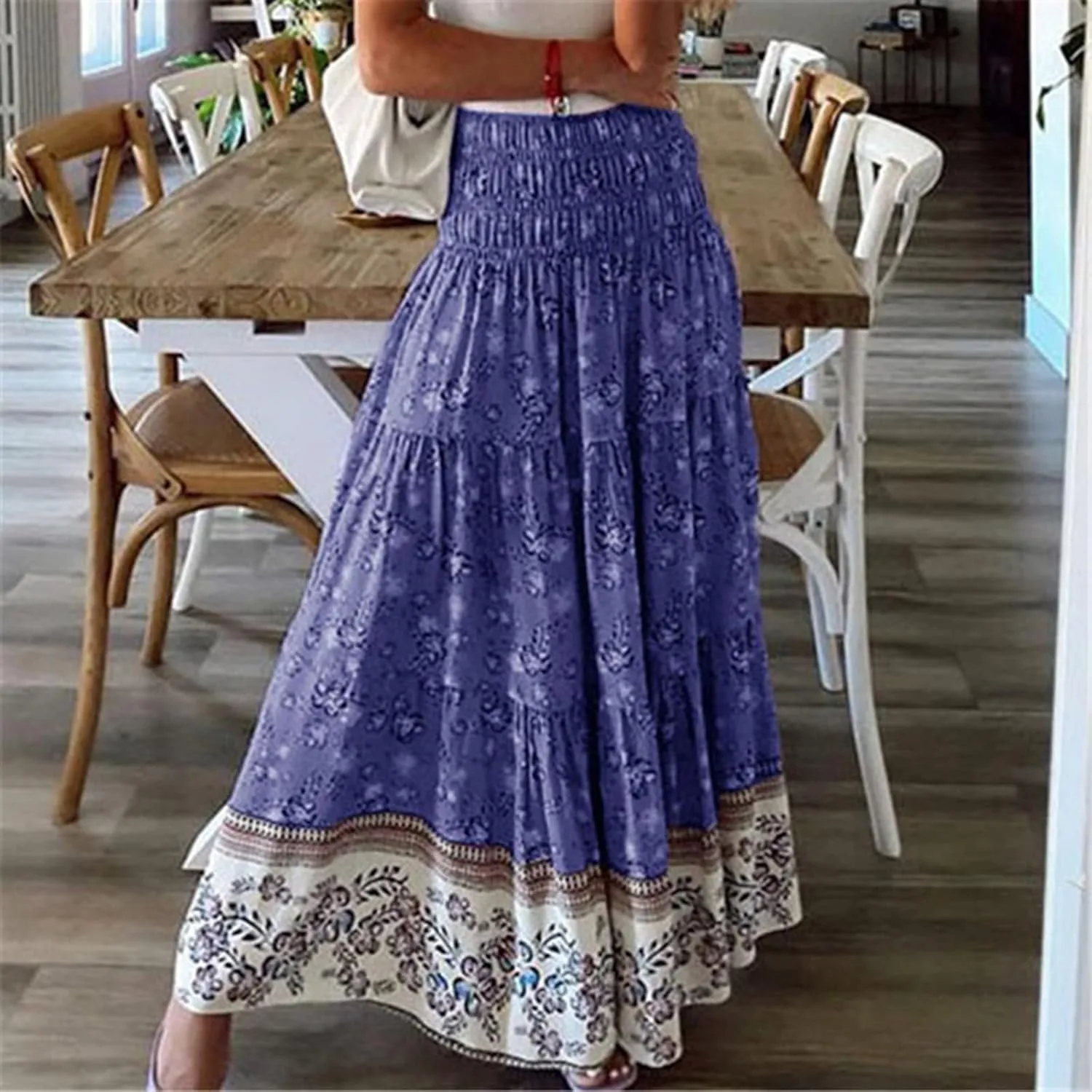 High Waist Boho Skirts Women Floral Printed Maxi Skirts Summer Flowy Skirts A Line Vacation Skirts Long Beach Skirt