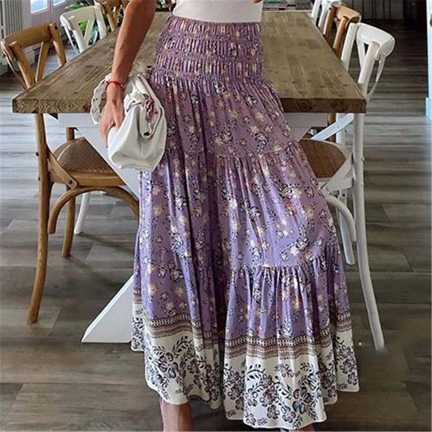 High Waist Boho Skirts Women Floral Printed Maxi Skirts Summer Flowy Skirts A Line Vacation Skirts Long Beach Skirt