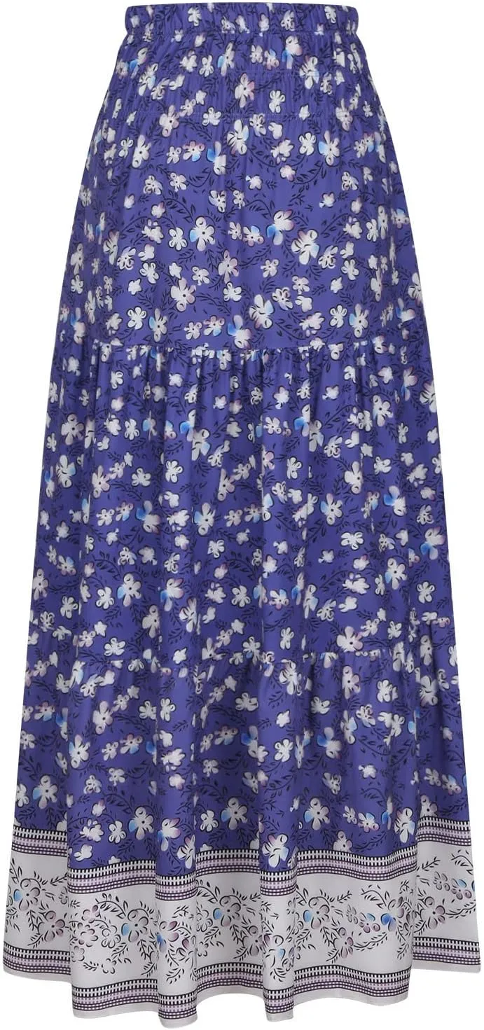 High Waist Boho Skirts Women Floral Printed Maxi Skirts Summer Flowy Skirts A Line Vacation Skirts Long Beach Skirt
