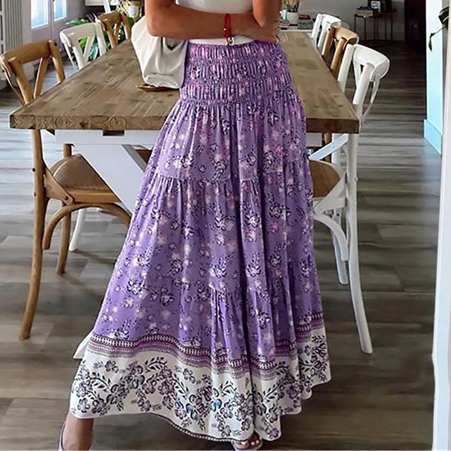 High Waist Boho Skirts Women Floral Printed Maxi Skirts Summer Flowy Skirts A Line Vacation Skirts Long Beach Skirt