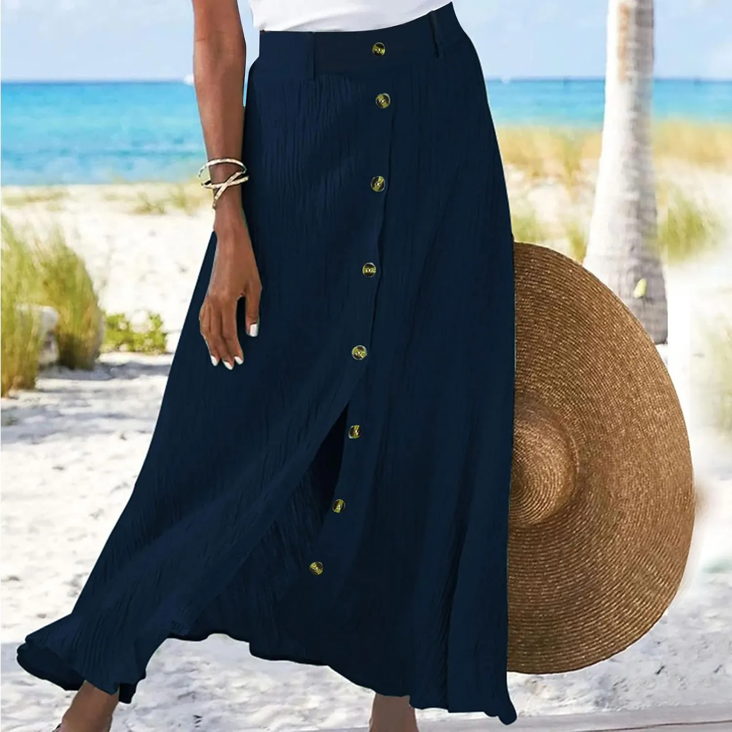 High Waist Skirts for Women Dressy Casual Skirts Button Down A Line Skirts Summer Boho Skirts Vintage Basic Skirts