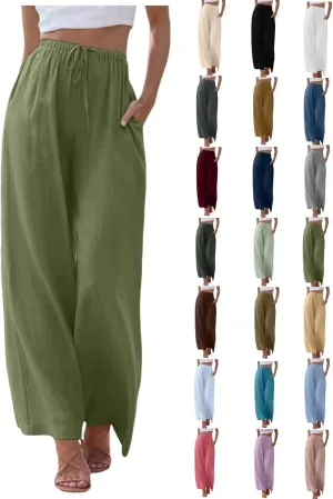 High Waisted Linen Pants for Women Casual Wide Leg Flowy Palazzo Pants Elastic Waist Lightweight Summer Beach Pant