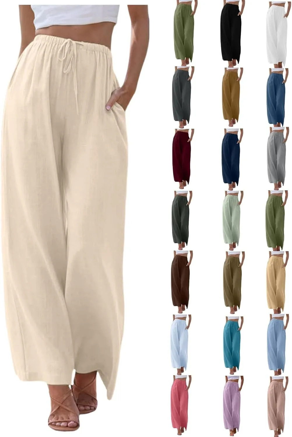 High Waisted Linen Pants for Women Casual Wide Leg Flowy Palazzo Pants Elastic Waist Lightweight Summer Beach Pant