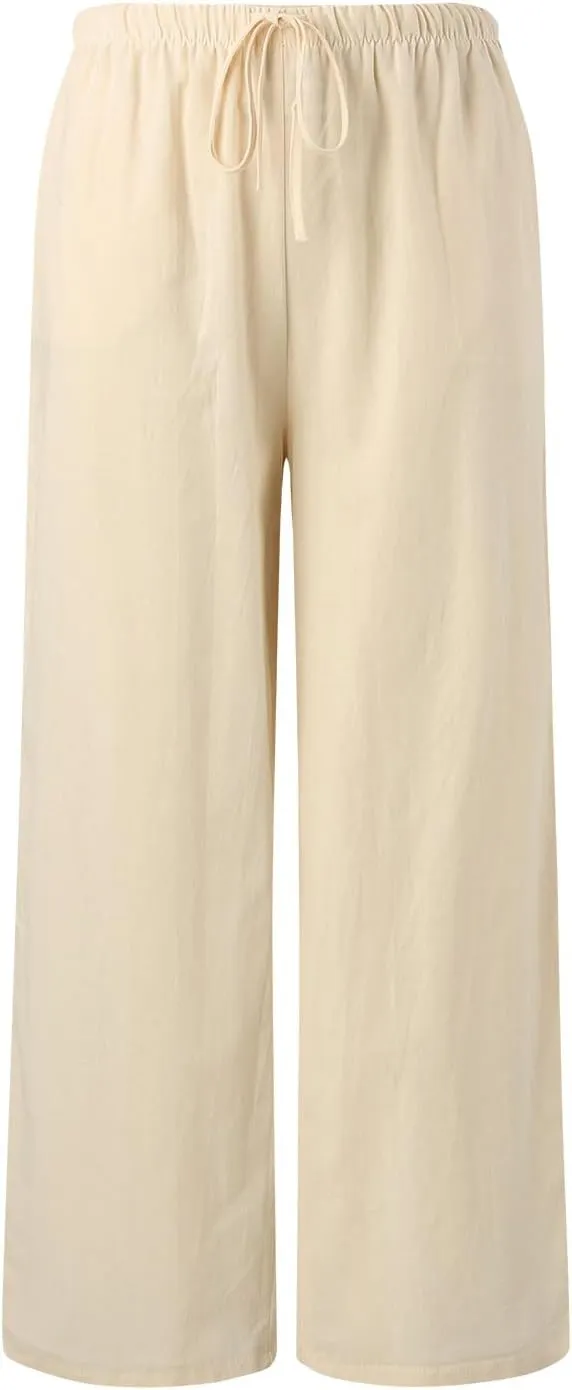 High Waisted Linen Pants for Women Casual Wide Leg Flowy Palazzo Pants Elastic Waist Lightweight Summer Beach Pant