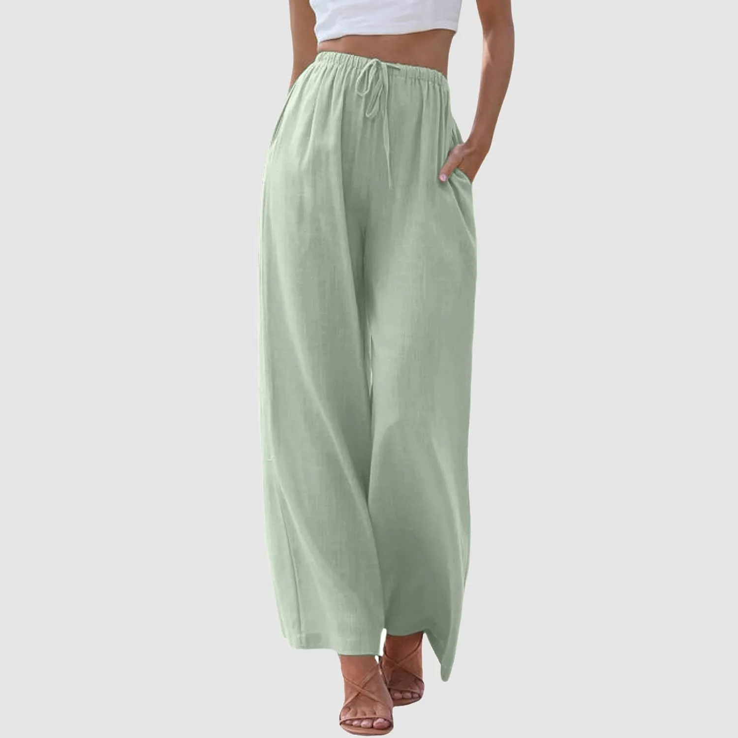 High Waisted Linen Pants for Women Casual Wide Leg Flowy Palazzo Pants Elastic Waist Lightweight Summer Beach Pant