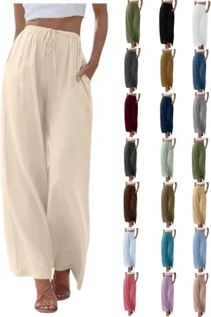 High Waisted Linen Pants for Women Casual Wide Leg Flowy Palazzo Pants Elastic Waist Lightweight Summer Beach Pant