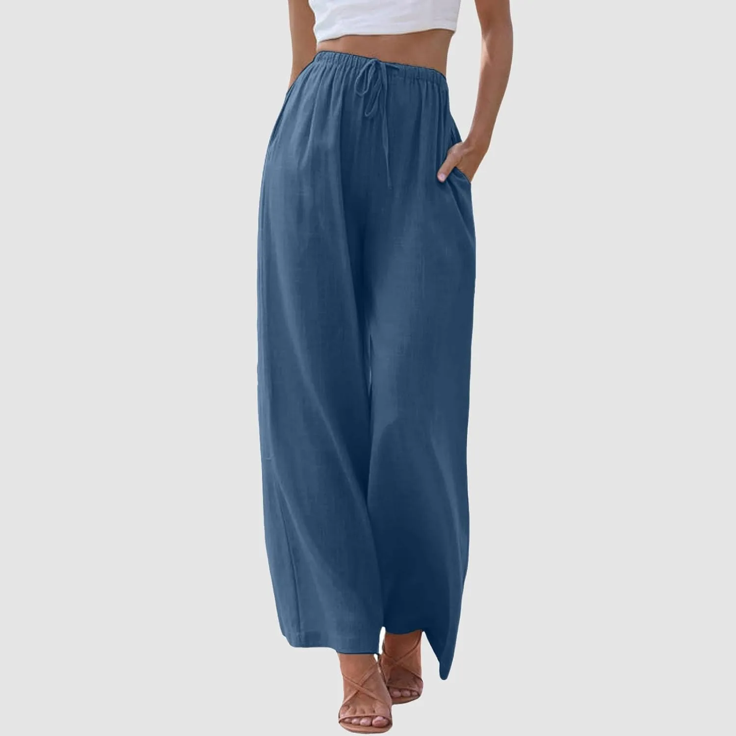 High Waisted Linen Pants for Women Casual Wide Leg Flowy Palazzo Pants Elastic Waist Lightweight Summer Beach Pant