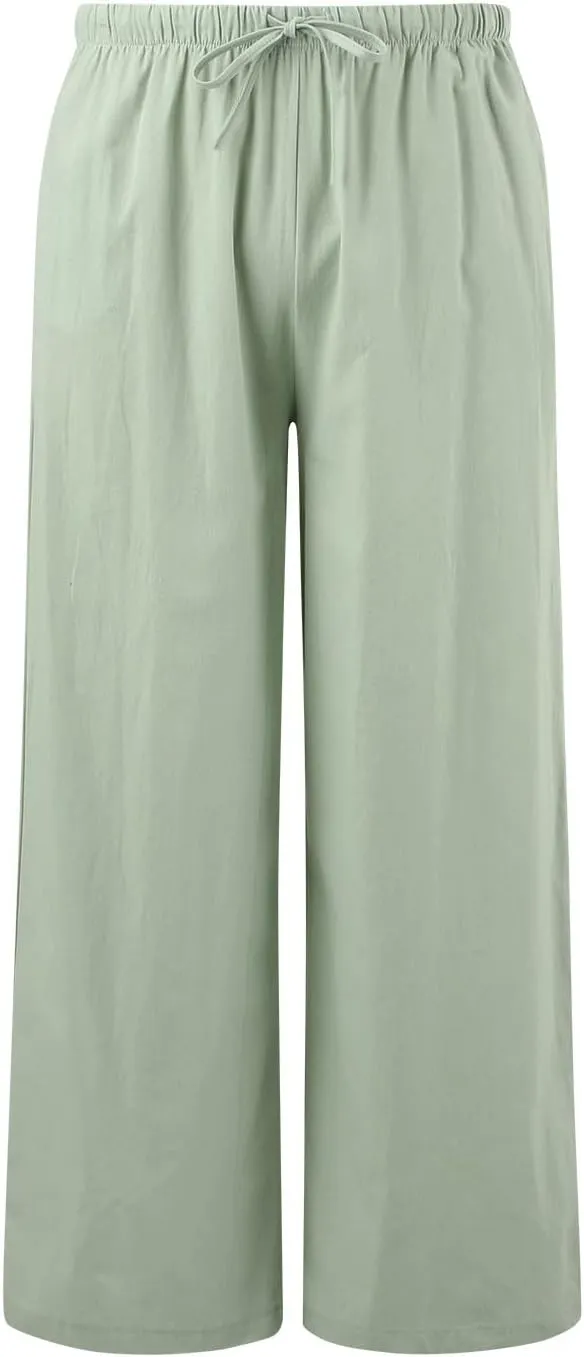High Waisted Linen Pants for Women Casual Wide Leg Flowy Palazzo Pants Elastic Waist Lightweight Summer Beach Pant