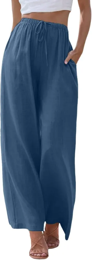 High Waisted Linen Pants for Women Casual Wide Leg Flowy Palazzo Pants Elastic Waist Lightweight Summer Beach Pant