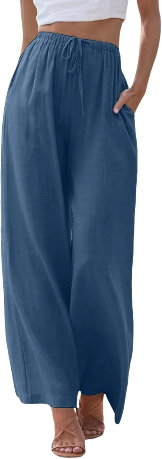 High Waisted Linen Pants for Women Casual Wide Leg Flowy Palazzo Pants Elastic Waist Lightweight Summer Beach Pant