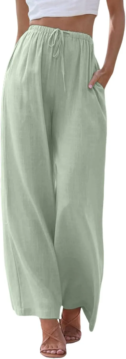 High Waisted Linen Pants for Women Casual Wide Leg Flowy Palazzo Pants Elastic Waist Lightweight Summer Beach Pant