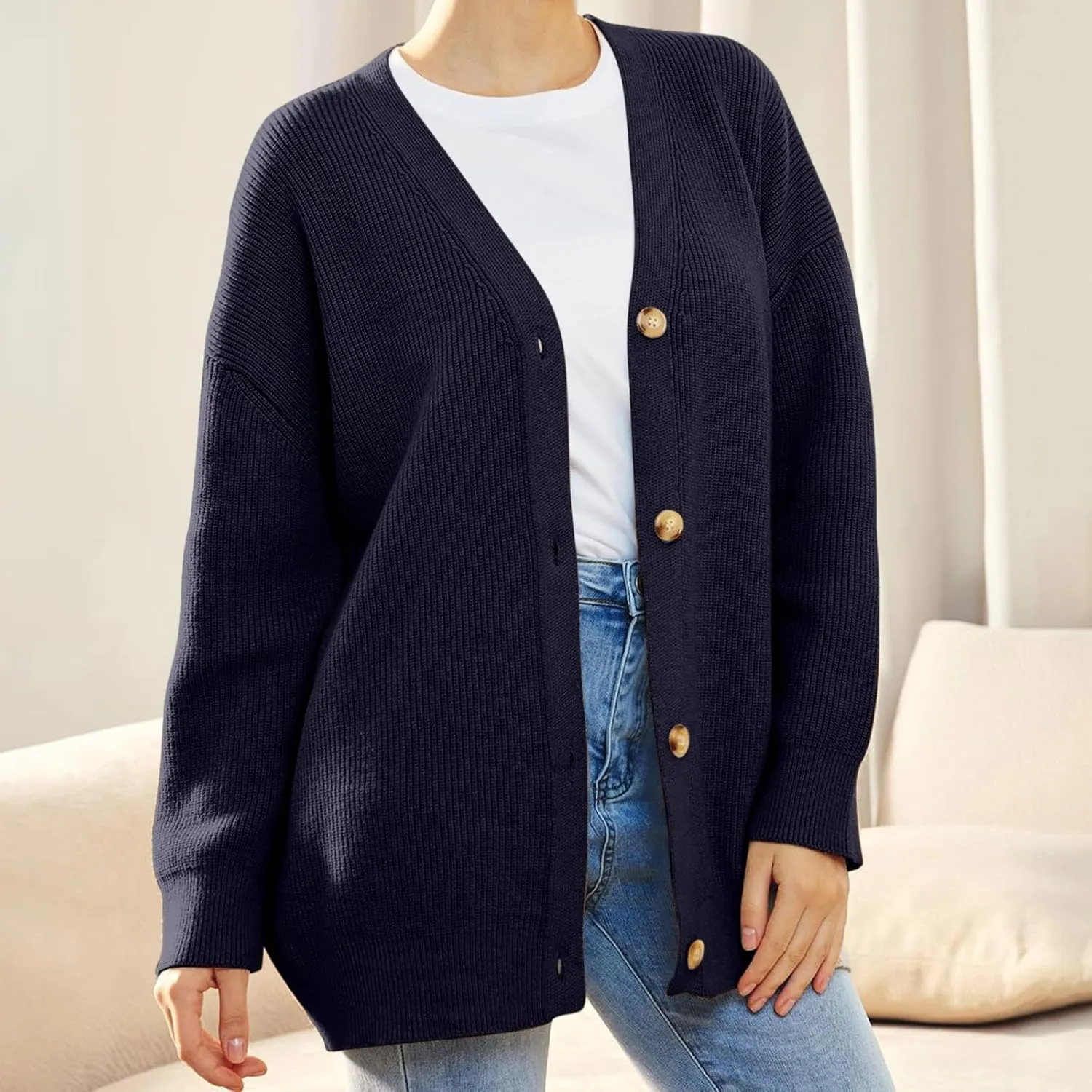 iLH Cardigan Sweaters for Sweater Fall Fashion Oversize Loose Sweater Button down V Neck Solid Outerwear Knitted Coat