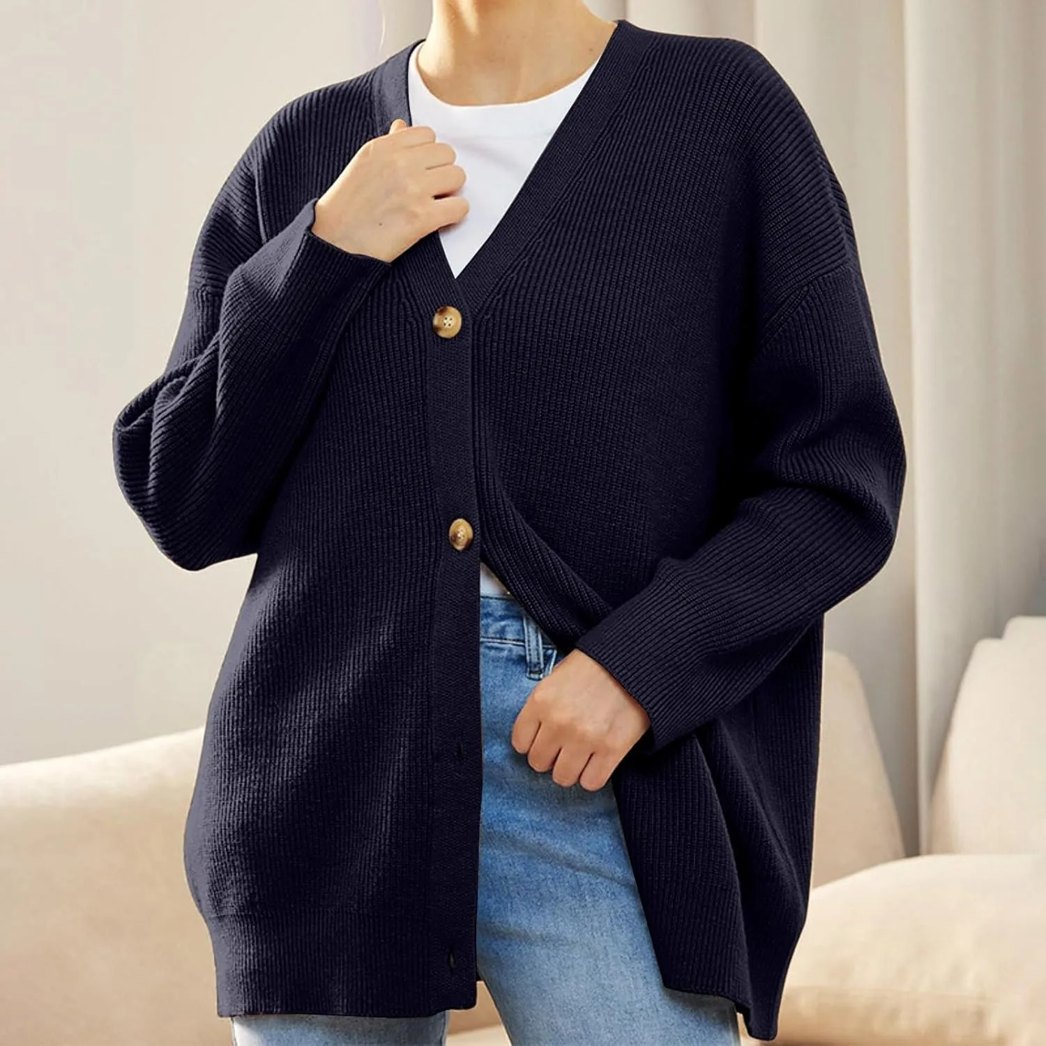iLH Cardigan Sweaters for Sweater Fall Fashion Oversize Loose Sweater Button down V Neck Solid Outerwear Knitted Coat