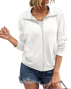 INFITTY Womens Long Sleeve Jacket Full Zip Up Stand Collar with Pockets Casual Batwing Lightweight Sweatshirts