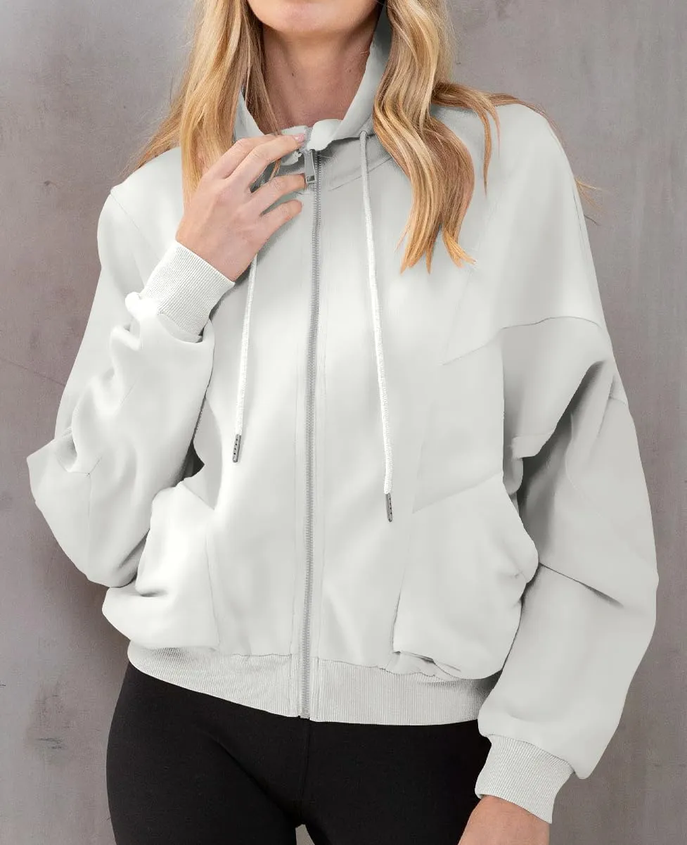 INFITTY Womens Long Sleeve Jacket Full Zip Up Stand Collar with Pockets Casual Batwing Lightweight Sweatshirts