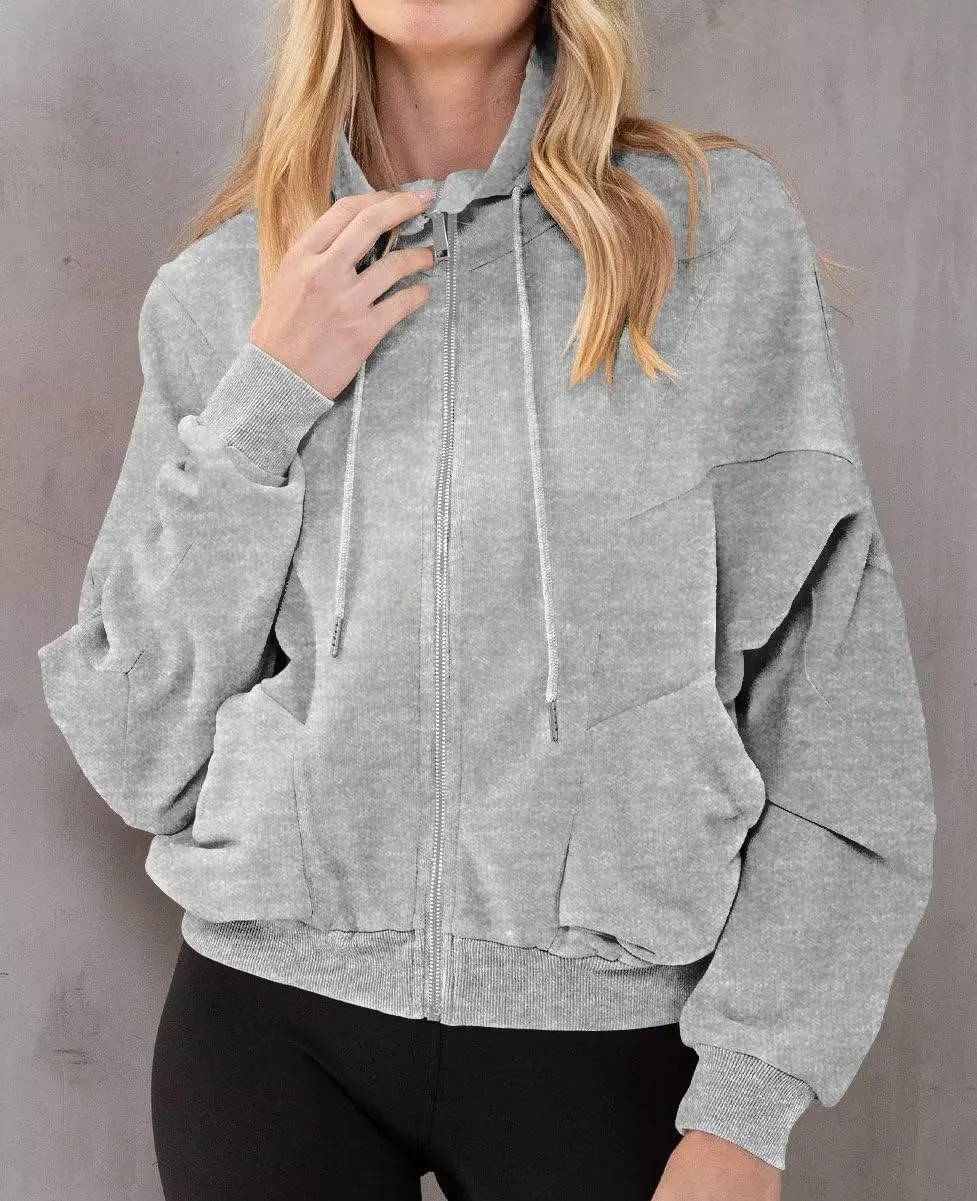 INFITTY Womens Long Sleeve Jacket Full Zip Up Stand Collar with Pockets Casual Batwing Lightweight Sweatshirts