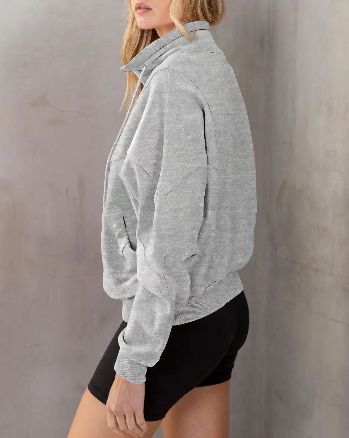 INFITTY Womens Long Sleeve Jacket Full Zip Up Stand Collar with Pockets Casual Batwing Lightweight Sweatshirts