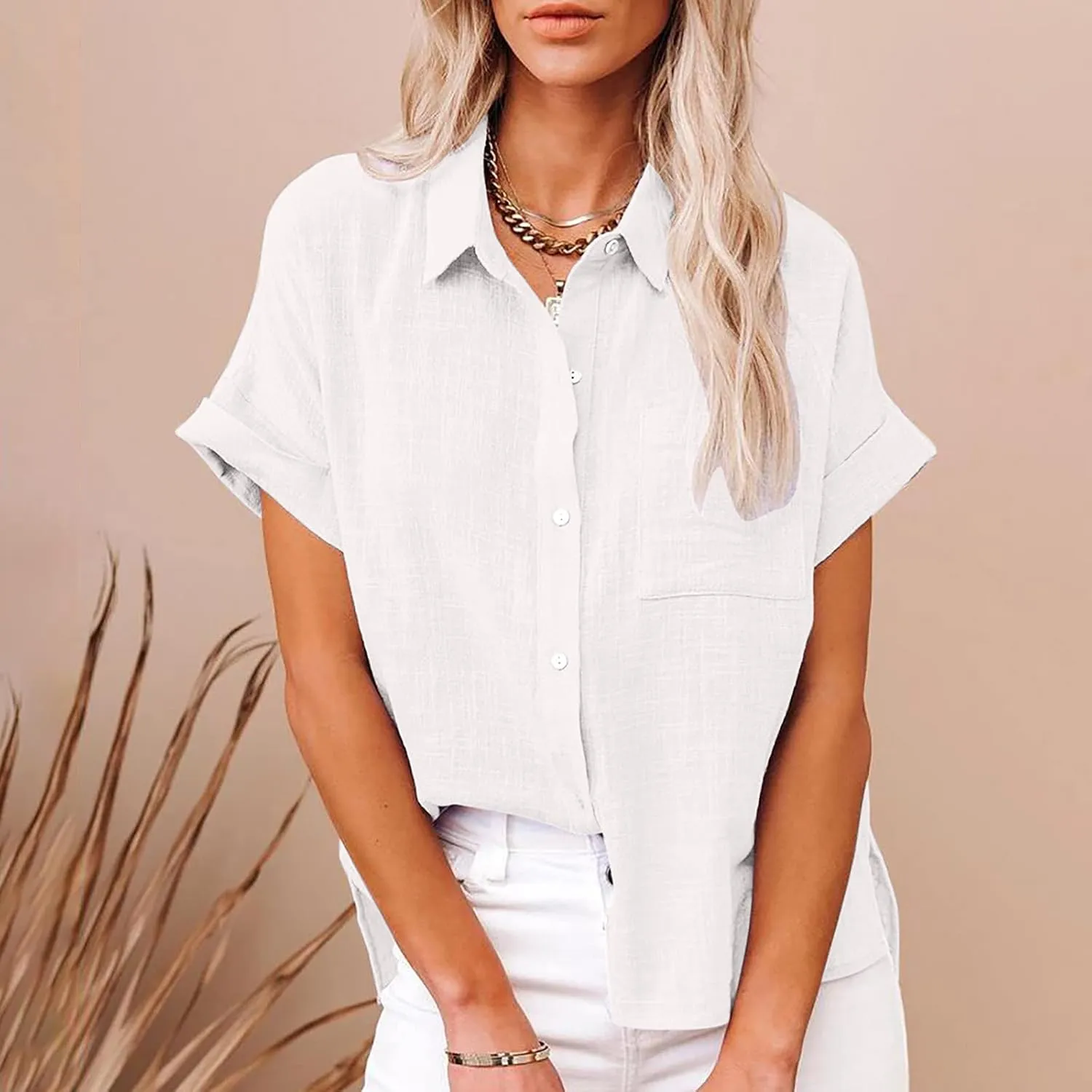 JIEMUXIU Summer Tops for Women 2025 Trendy Short Sleeve Cotton Linen Shirt Casual Button Down V Neck Tunic Blouses Outfits