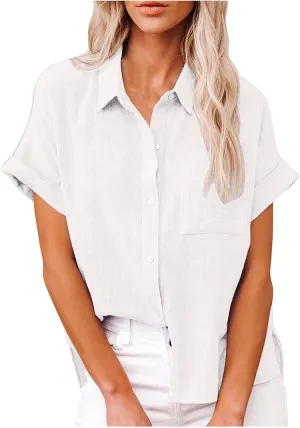 JIEMUXIU Summer Tops for Women 2025 Trendy Short Sleeve Cotton Linen Shirt Casual Button Down V Neck Tunic Blouses Outfits