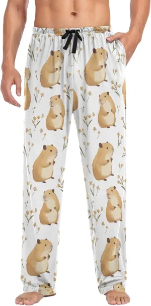 JUNZAN Cute Capybara White Men's Pajama Bottoms with Pockets Drawstring Pj Pants For Men for Fall Xmas S