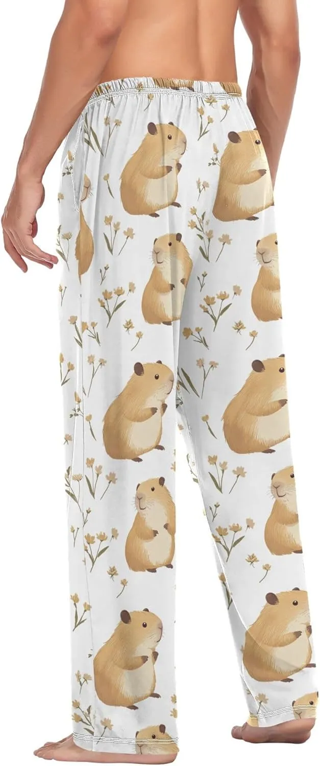 JUNZAN Cute Capybara White Men's Pajama Bottoms with Pockets Drawstring Pj Pants For Men for Fall Xmas S