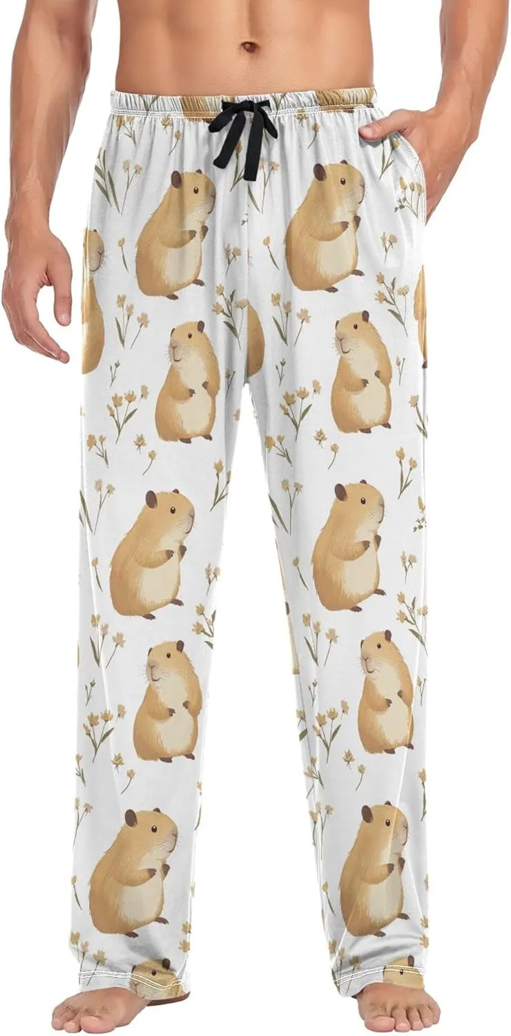 JUNZAN Cute Capybara White Men's Pajama Bottoms with Pockets Drawstring Pj Pants For Men for Fall Xmas S