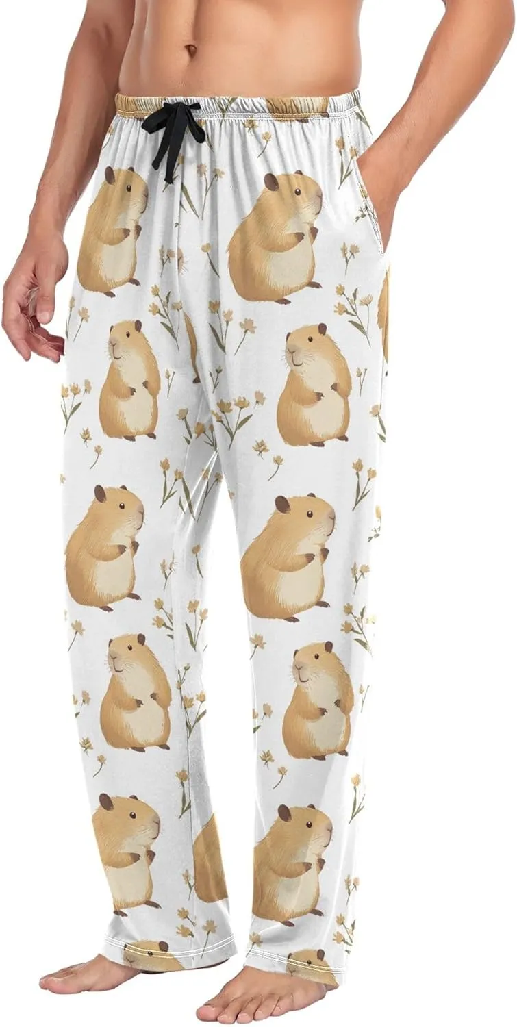 JUNZAN Cute Capybara White Men's Pajama Bottoms with Pockets Drawstring Pj Pants For Men for Fall Xmas S