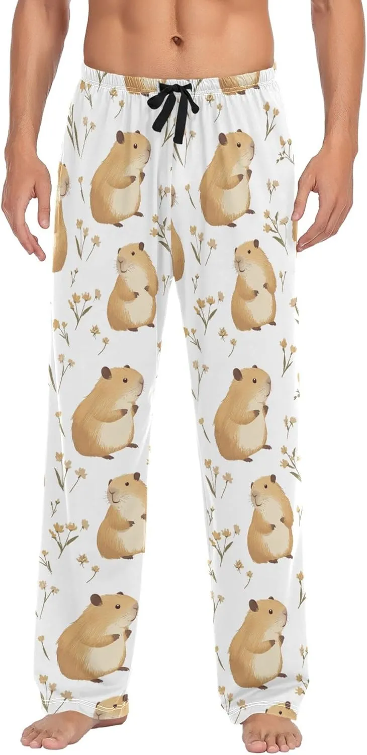 JUNZAN Cute Capybara White Men's Pajama Bottoms with Pockets Drawstring Pj Pants For Men for Fall Xmas S