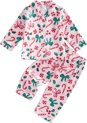Kids Girls Christmas Valentines Pajamas Cute Print Button Down Tops   Pants Toddler Satin Sleepwear Silk Pajama Set