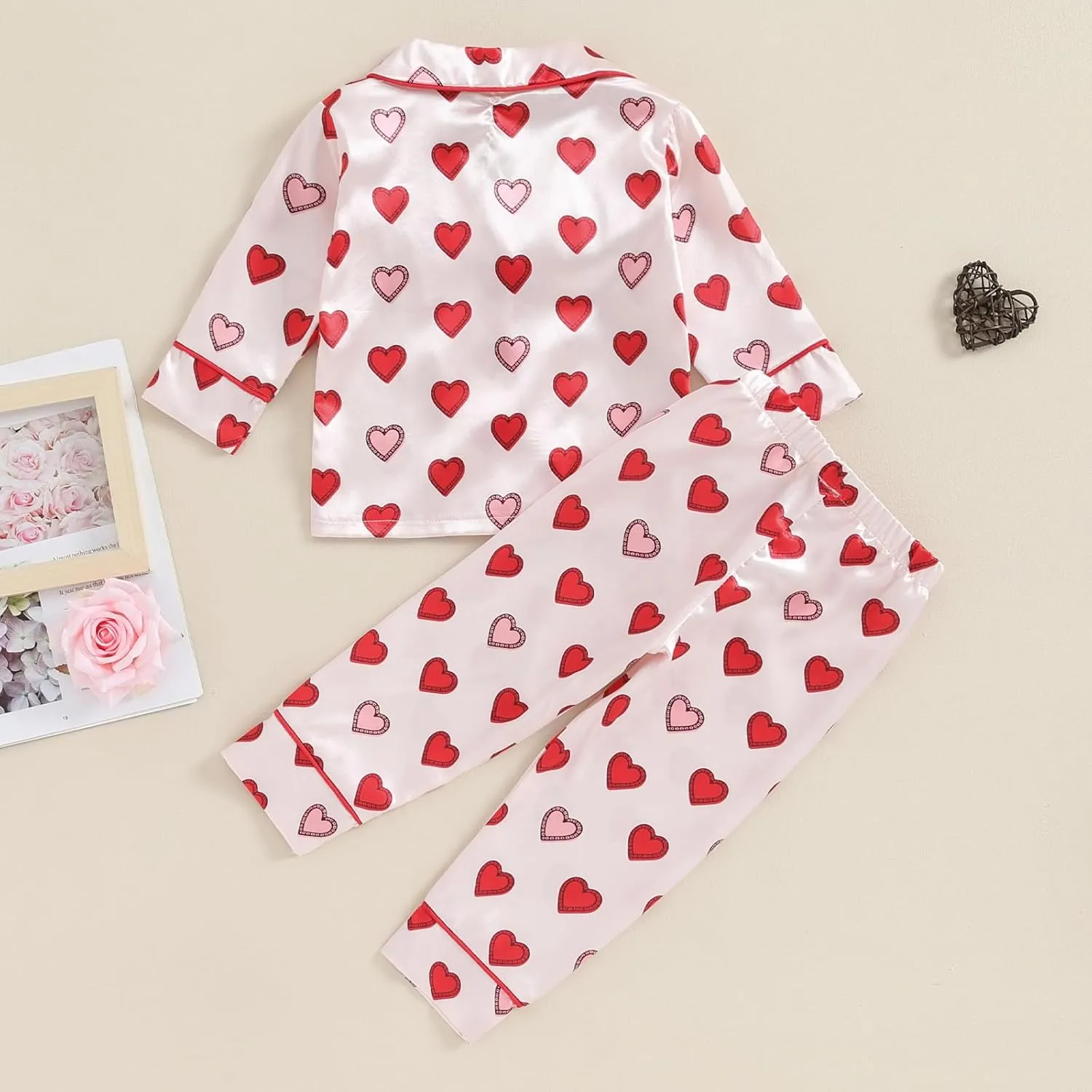 Kids Girls Christmas Valentines Pajamas Cute Print Button Down Tops   Pants Toddler Satin Sleepwear Silk Pajama Set