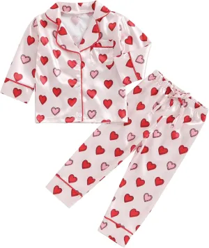 Kids Girls Christmas Valentines Pajamas Cute Print Button Down Tops   Pants Toddler Satin Sleepwear Silk Pajama Set