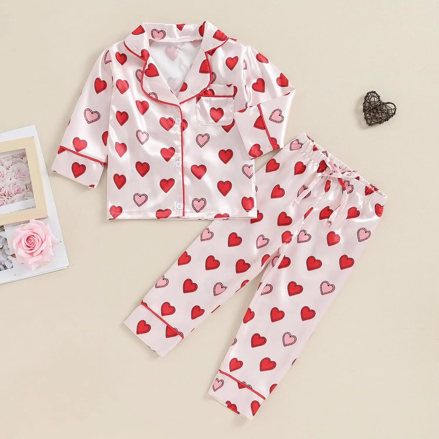 Kids Girls Christmas Valentines Pajamas Cute Print Button Down Tops   Pants Toddler Satin Sleepwear Silk Pajama Set