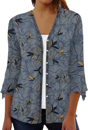 Kimono Cardigans for Women 3/4 Sleeve Button Down Cardigans Floral Printed Casual Loose Open Front Cardigan